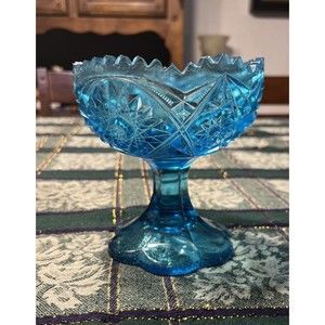 Vintage Kemple Wheaton Blue Star Burst Saw Tooth Pedestal Compote Candy Dish